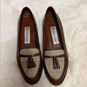 Etienne Aigner Brown Leather & Beige Fabric Tassel Loafers